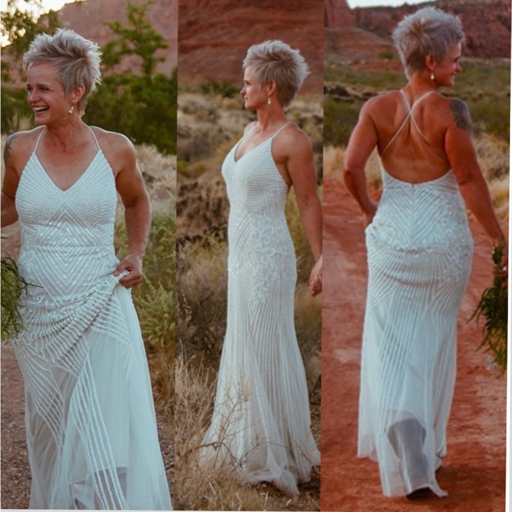 David's Bridal beaded sheath v-neck dress with godets Shades of Ivory